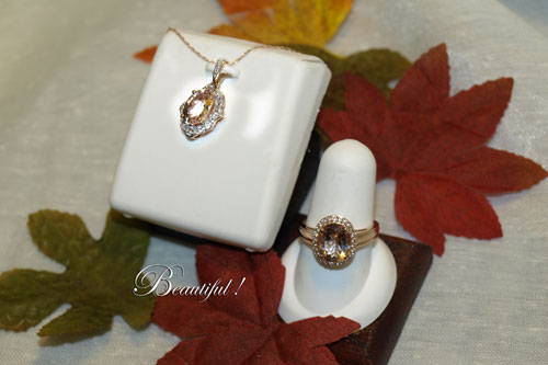 <b>Description: </b>14kt Rose gold morganite and diamond ring and pendant