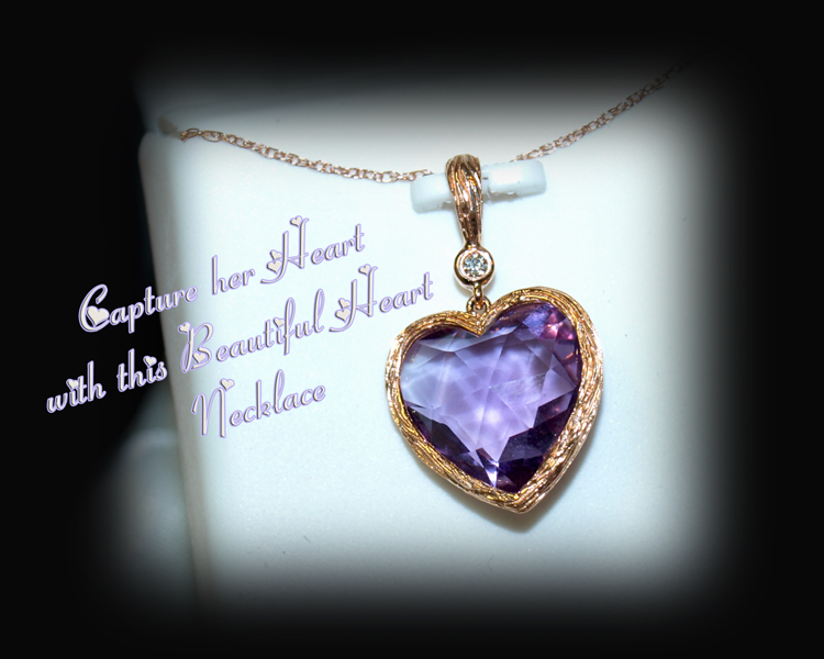 <b>Description: </b>14k rose gold amethyst and diamond heart pendant - Call for pricing