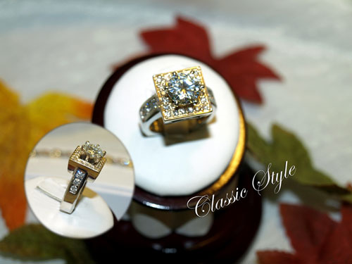 <b>Description: </b>14kt two tone moissanite and diamond ring - call for pricing