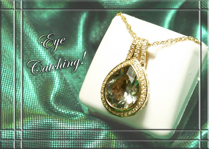 <b>Description: </b>14KTY Ladies 5CT Green Amethyst/.28 Pt Diamond Pendant.(Call or e mail for price and details.)