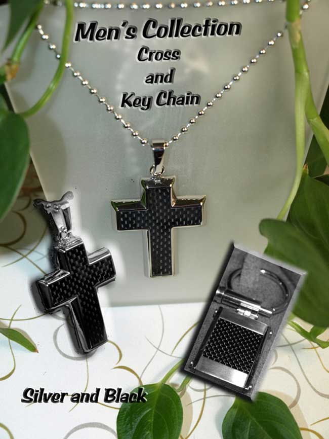 <b>Description: </b>Gents Stainless Steel and Black Carbon Cross and Key Chain.(Call or e mail for price and details.)