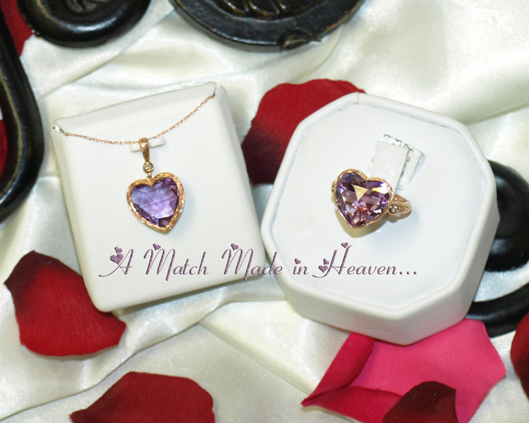 <b>Description: </b>14k rose gold amethyst diamond heart pendant and ring - Call for pricing