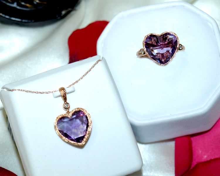 <b>Description: </b>14k rose gold amethyst and diamond heart ring - Call for pricing